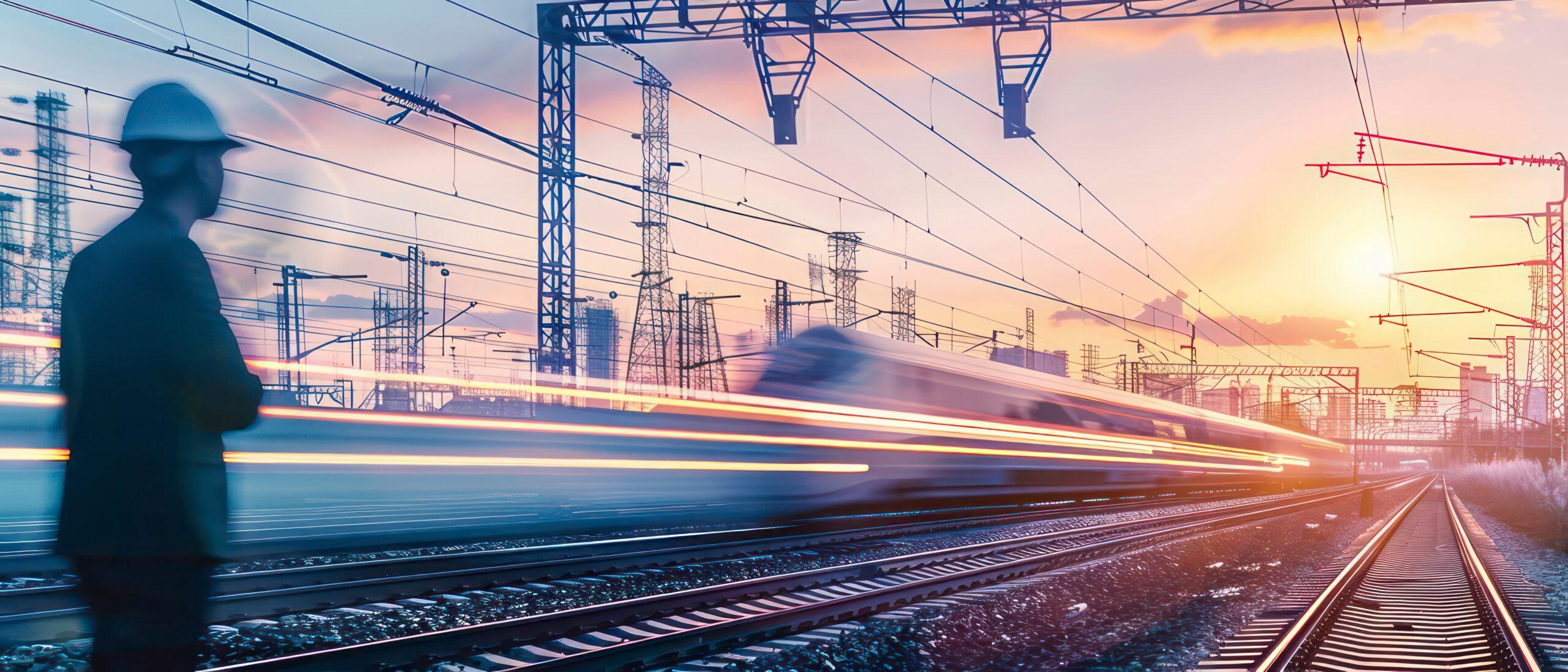 Engineer watching a train pass through a station at dusk.