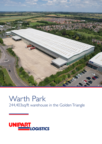 The front cover of a PDF that links to a form to download our Warth park warehouse brochure. On the cover is an aerial view from the sky of our Warth Park warehouse. It is surrounded by green fields, and houses and the wording reads 'Warth Park. 244,304sq/ft warehouse in the Golden Triangle.'